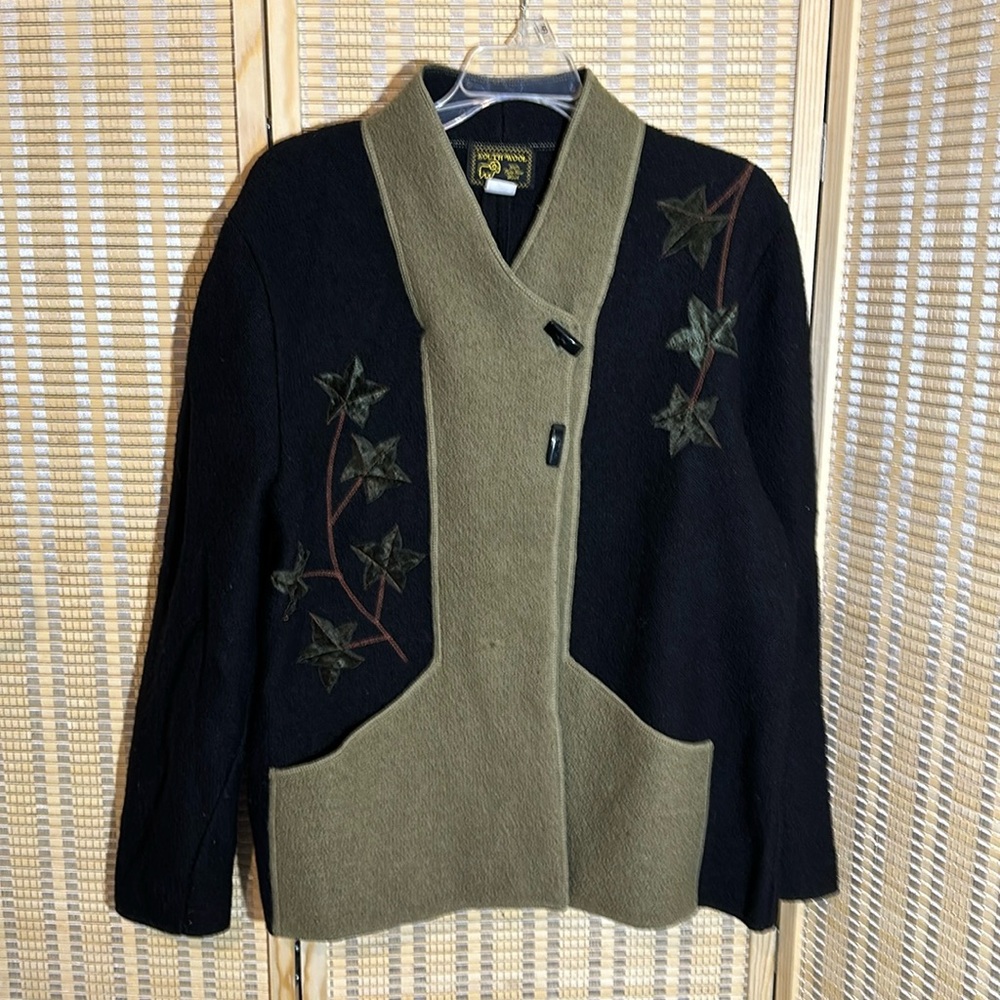 South Wool Vintage 1990s Y2K 100% Wool Olive Green Black Cardigan Sweater Large